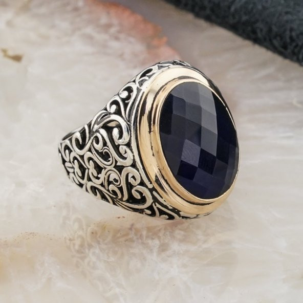 925 Ayar Gümüş Mavi Zirkon Taşlı Erkek Yüzük Model 9 - Resim 2