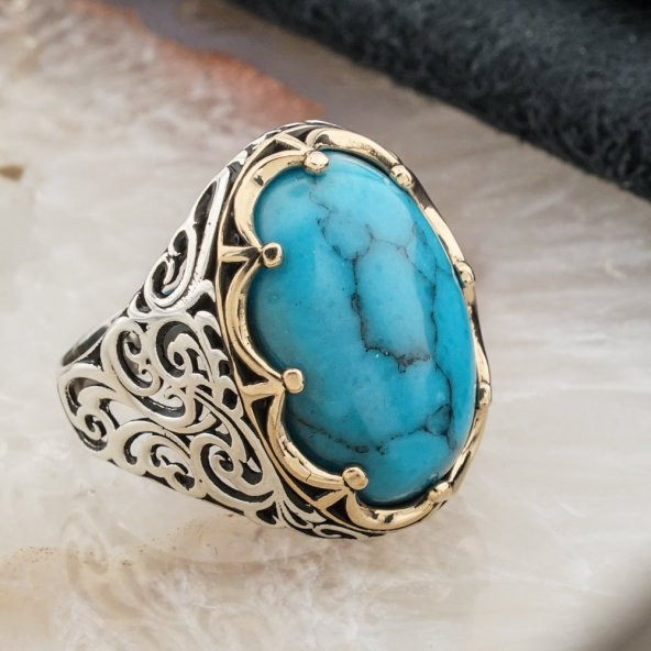 925 Ayar Gümüş Firuze Taşlı Kral Tacı Model  Erkek Yüzük - Resim 2