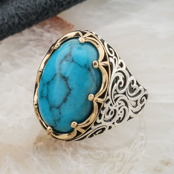 925 Ayar Gümüş Firuze Taşlı Kral Tacı Model  Erkek Yüzük - Resim 3