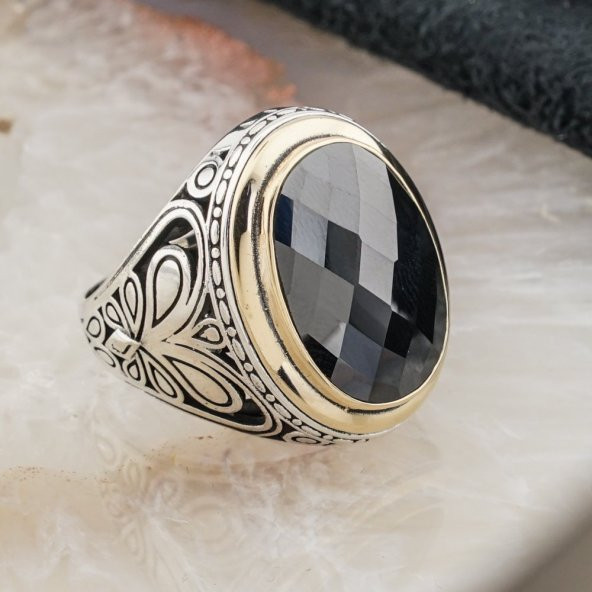 Siyah Zirkon Oval Taşlı Gümüş Erkek Yüzük - Resim 2
