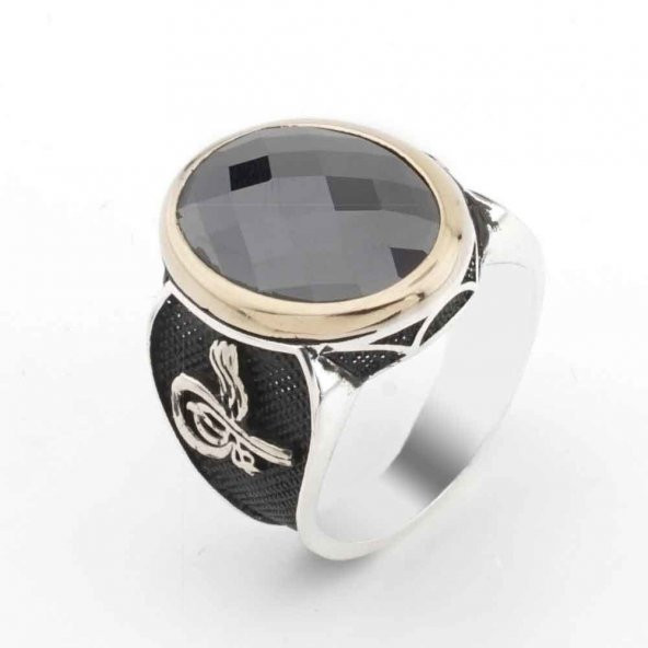 925 Ayar Gümüş Siyah Zirkon Taşlı Tuğra Detaylı Erkek Yüzük ürün görseli