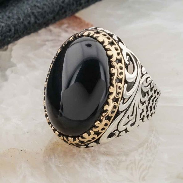 Oval Siyah  Oniks Taşlı Gümüş Erkek  Yüzük - Resim 3
