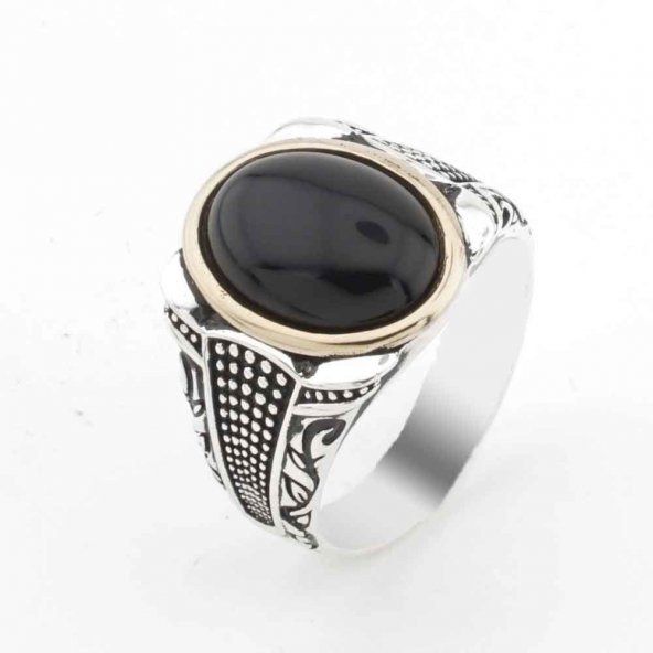 Siyah Oval Oniks Taşlı  Erkek Gümüş Yüzük ürün görseli 1
