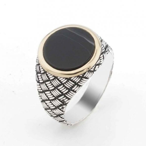 Siyah Yuvarlak Oniks Taşlı Gümüş Erkek Yüzük ürün görseli 1