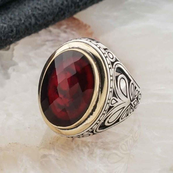 Kırmızı Oval Zirkon  Taşlı Gümüş Erkek Yüzük - Resim 3