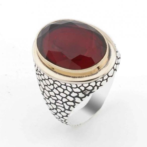 925 ayar Gümüş Oval Kırmızı  Zirkon Taşlı Desenli Erkek Yüzük ürün görseli