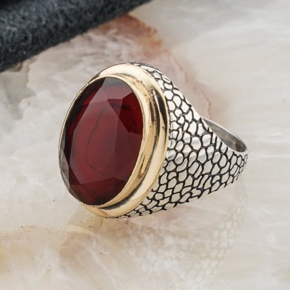 925 ayar Gümüş Oval Kırmızı  Zirkon Taşlı Desenli Erkek Yüzük - Resim 3
