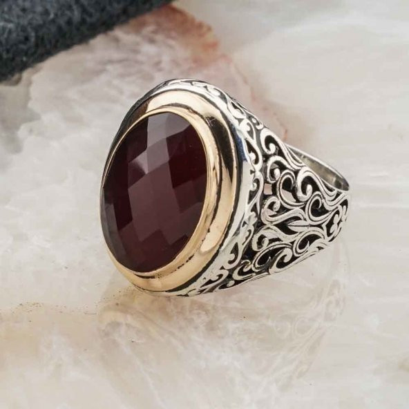 925 Ayar Gümüş Büyük Kırmızı  Zirkon Taşlı Erkek Yüzük - Resim 3