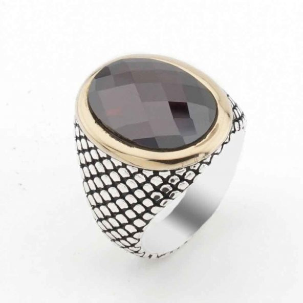 925 Ayar Gümüş Desenli Kırmızı Zirkon  Taşlı Gümüş Erkek Yüzük ürün görseli 1