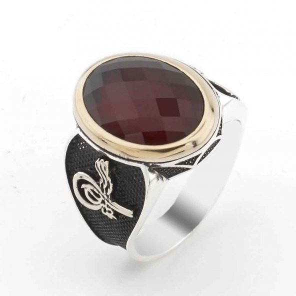 925 Ayar Gümüş Tuğra Detaylı Kırmızı Zirkon Taşlı Erkek Yüzük ürün görseli