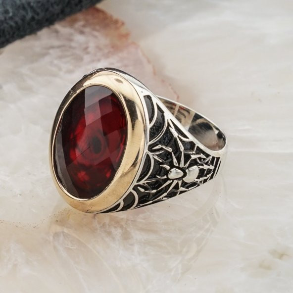 Kırmızı Zirkon Taşlı Örümcek Detaylı  Gümüş Yüzük - Resim 3