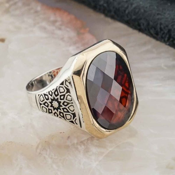 925 Ayar Gümüş Kırmızı Zirkon Taşlı Erkek Yüzük - Resim 2