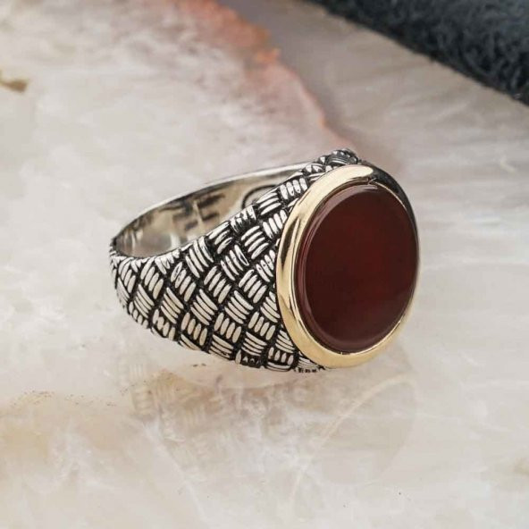 925 Ayar Gümüş Yuvarlak  Akik Taşlı Erkek Gümüş Yüzük - Resim 2