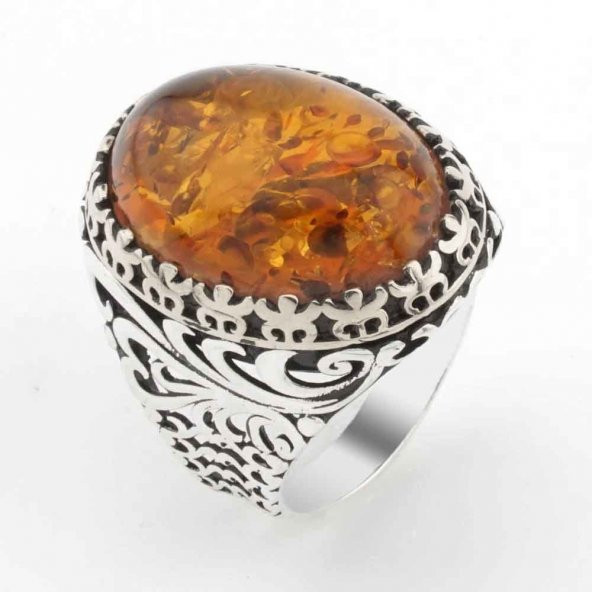 Büyük Oval Kehribar Taşlı  Erkek Gümüş Yüzük ürün görseli