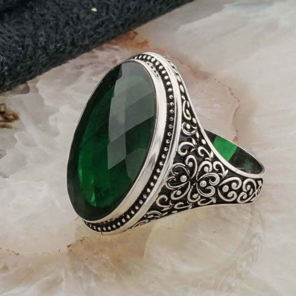 925 Ayar Gümüş Yeşil Zirkon Taşlı Erkek  Yüzük - Resim 3