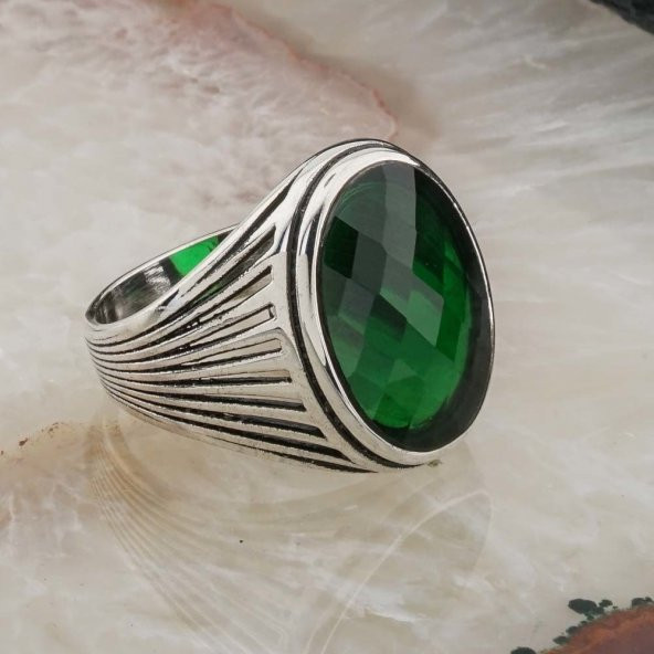 925 Ayar Gümüş Yeşil Oval Zirkon Taşlı Erkek Yüzük - Resim 2