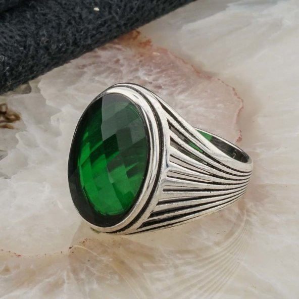 925 Ayar Gümüş Yeşil Oval Zirkon Taşlı Erkek Yüzük - Resim 3