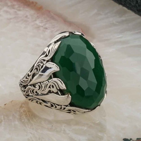 Büyük  Yeşil Zirkon  Taşlı Gümüş  Erkek Yüzük - Resim 2