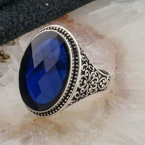 925 ayar Gümüş Oval Mavi Zirkon  Taşlı Erkek Yüzük - Resim 3