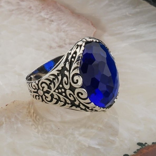 925 Ayar Gümüş Mavi  Oval Zirkon Taşlı Erkek Yüzük - Resim 2