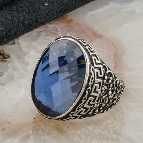Mavi Zirkon Oval Taşlı Gümüş Erkek  Yüzük - Resim 3