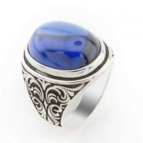 Bombeli Mavi Oval  Taşlı Gümüş  Erkek Yüzük ürün görseli