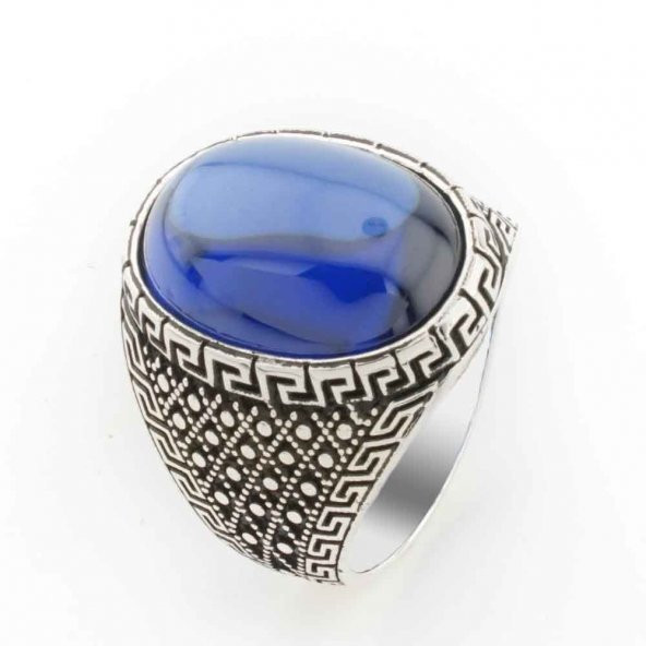 925 ayar Gümüş Mavi Bombeli  Oval Taşlı Erkek Yüzük ürün görseli