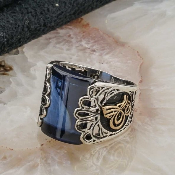 Osmanlı Tuğralı Mavi Zirkon  Taşlı Erkek Gümüş Yüzük - Resim 3