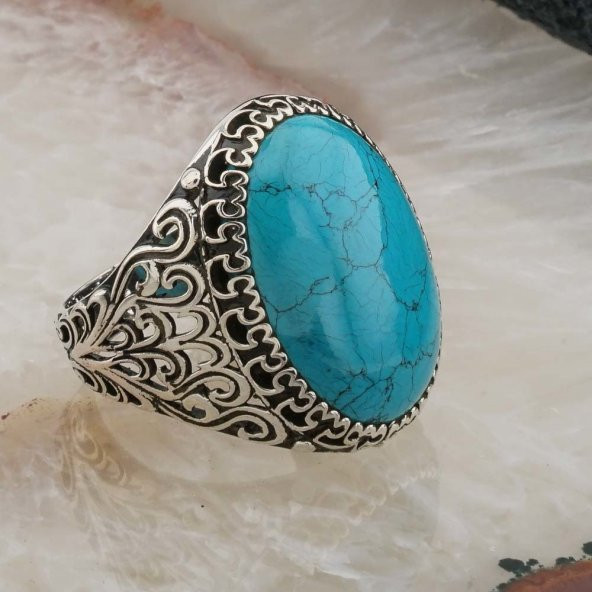 925 Ayar Gümüş Oval Firuze Taşlı Erkek Yüzük - Resim 2