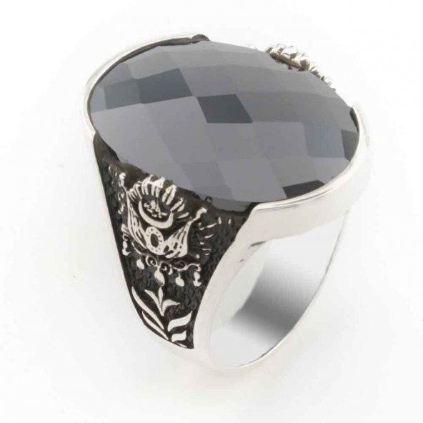 925 Ayar Gümüş Siyah Zirkon Taşlı Osmanlı Armalı Erkek Yüzük ürün görseli