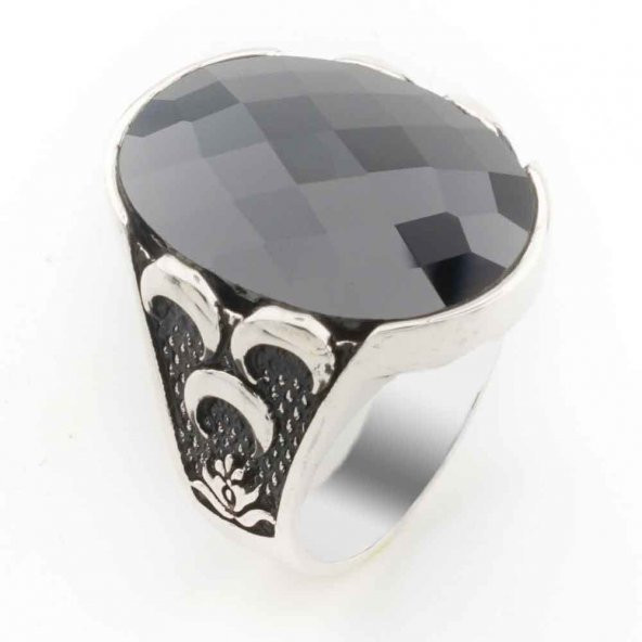 Siyah Zirkon Taşlı 3 hilal  detaylı  Gümüş Erkek Yüzük ürün görseli