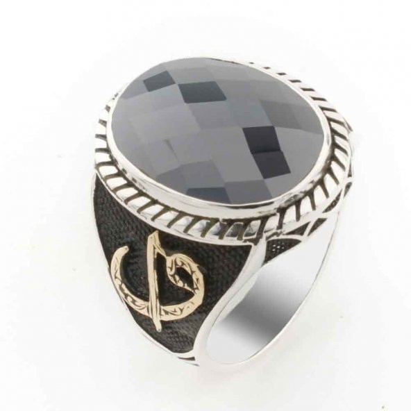 Siyah Zirkon Taşlı Elif Vav Gümüş Erkek Yüzük ürün görseli 1