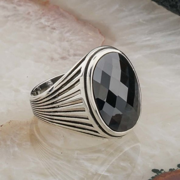 Siyah Zirkon Taşlı  Gümüş  Erkek Yüzük  Model 3 - Resim 2