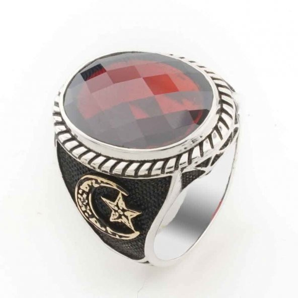 Kırmızı Zirkon Taşlı Ay Yıldız Detaylı  Gümüş Erkek Yüzük ürün görseli 1