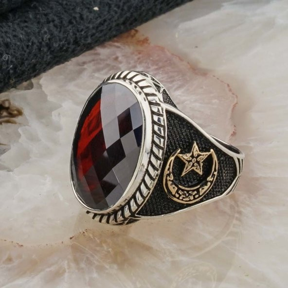 Kırmızı Zirkon Taşlı Ay Yıldız Detaylı  Gümüş Erkek Yüzük - Resim 3