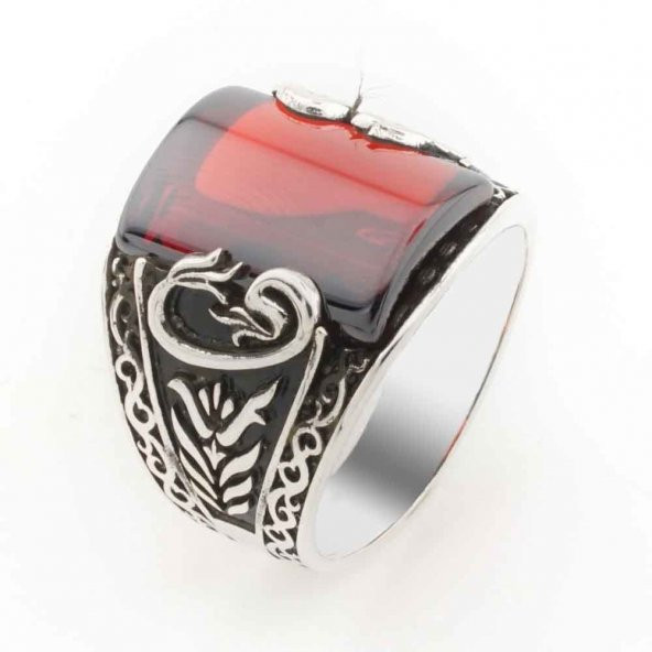 Vav Figürlü Kırmızı Taşlı Gümüş erkek Yüzük ürün görseli