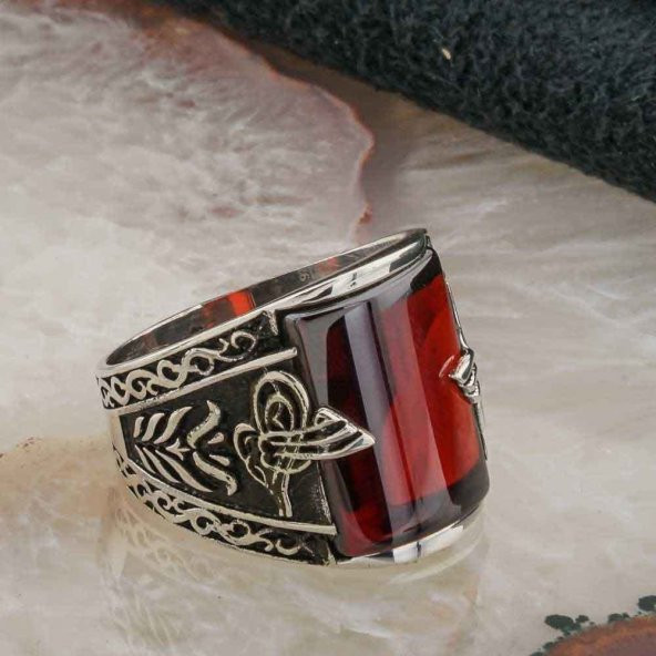 Kırmızı Zirkon Taşlı Osmanlı Tuğralı Erkek  Gümüş Yüzük - Resim 2