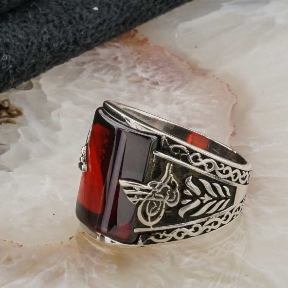 Kırmızı Zirkon Taşlı Osmanlı Tuğralı Erkek  Gümüş Yüzük - Resim 3