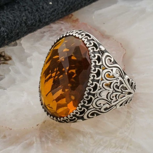 925 Ayar Gümüş  Sarı Zirkon  Taşlı Erkek  Yüzük Model 8 - Resim 3