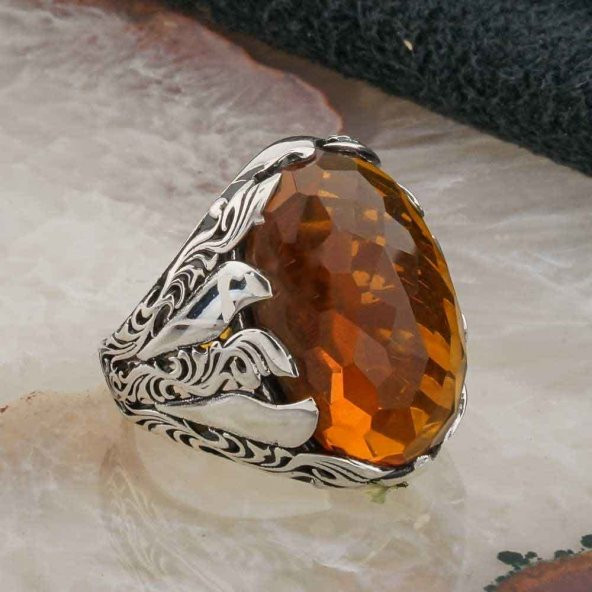 925 Ayar Gümüş Sarı Zirkon  Taşlı Erkek Yüzük Model 7 - Resim 2