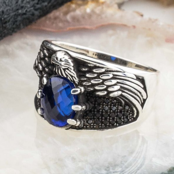 Mavi Zirkon Taşlı Kartal Simgeli Gümüş Yüzük - Resim 3