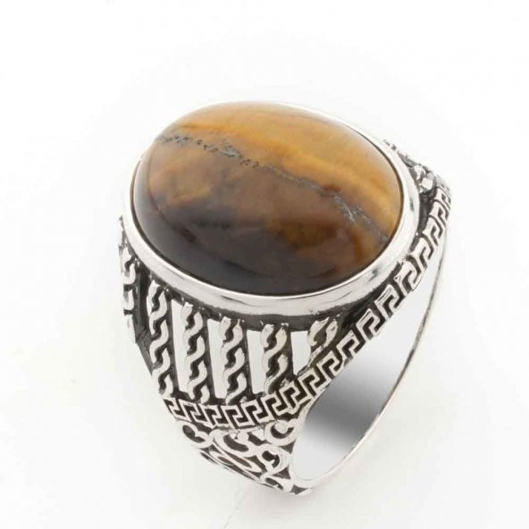 925 Ayar Gümüş Kaplan Gözü Taşlı Erkek  Yüzük Model 2 ürün görseli 1