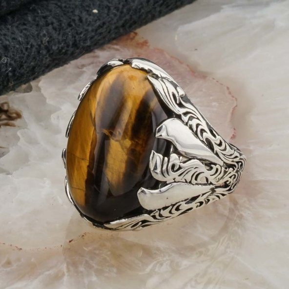 925 Ayar Gümüş Kaplan Gözü Taşlı Erkek  Yüzük Model 5 - Resim 3