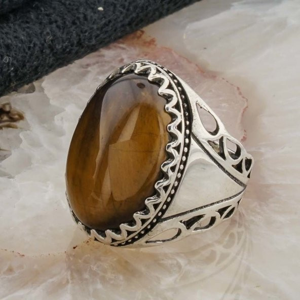 925 Ayar Gümüş Kaplan Gözü Taşlı Erkek Yüzük Model 3 - Resim 3