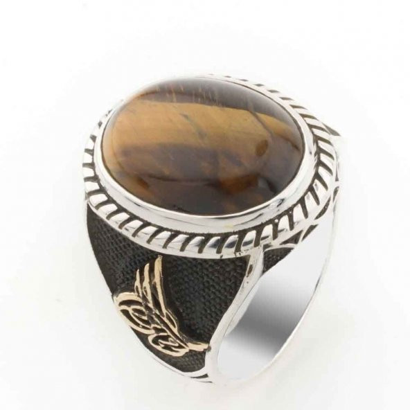 925 Ayar Gümüş Kaplan Gözü Taşlı Tuğralı Erkek Yüzük ürün görseli