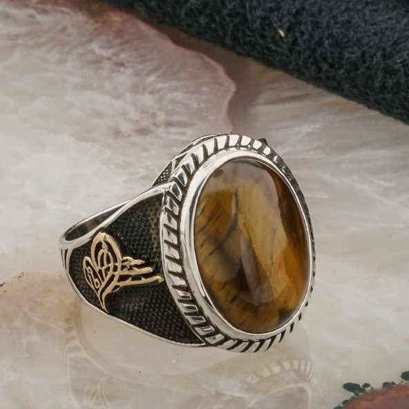 925 Ayar Gümüş Kaplan Gözü Taşlı Tuğralı Erkek Yüzük - Resim 2