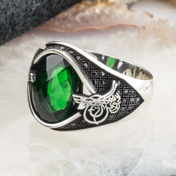 Yeşil Zirkon Taşlı Osmanlı Tuğralı Gümüş Yüzük - Resim 3