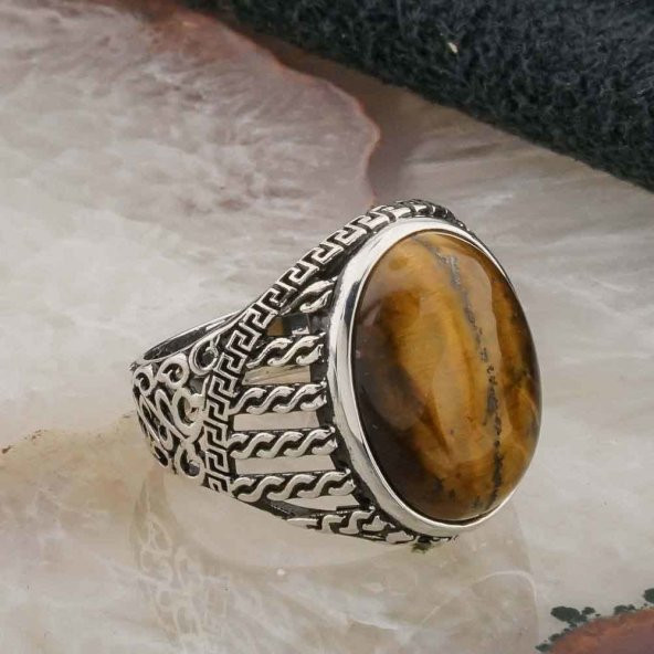 925 Ayar Gümüş Kaplan Gözü Taşlı Erkek  Yüzük Model 2 - Resim 2