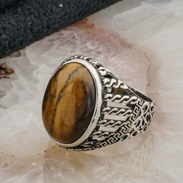 925 Ayar Gümüş Kaplan Gözü Taşlı Erkek  Yüzük Model 2 - Resim 3