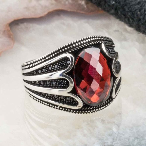 925 Ayar Gümüş Kırmızı Zirkon  Mikro Erkek Yüzük - Resim 2